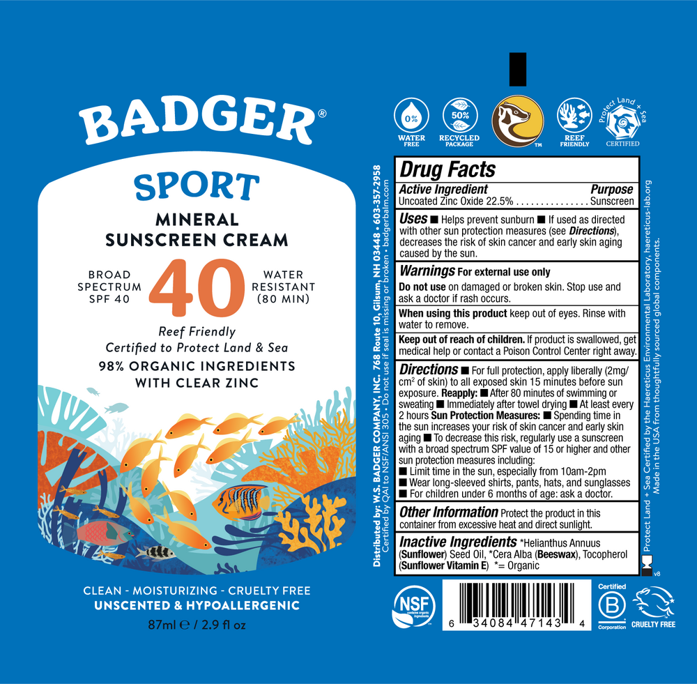 Badger SPF 40 Sport Mineral Sunscreen Cream Badger