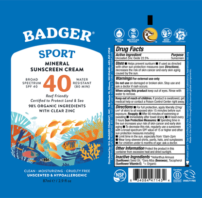 Badger SPF 40 Sport Mineral Sunscreen Cream Badger