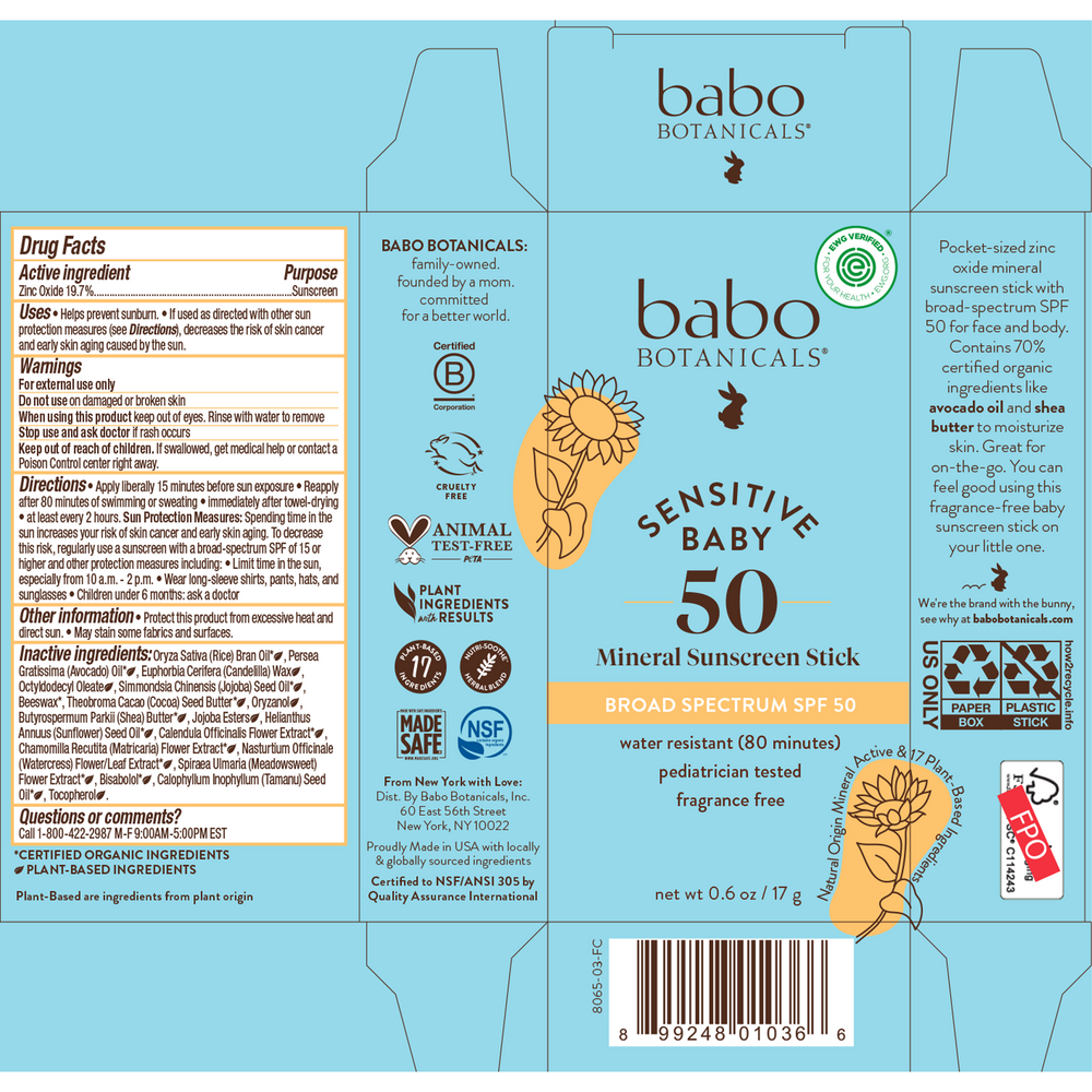 Baby Face™ SPF 50 Mineral Sunscreen Stick by Babo Botanicals