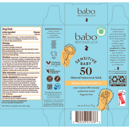 Baby Face™ SPF 50 Mineral Sunscreen Stick by Babo Botanicals