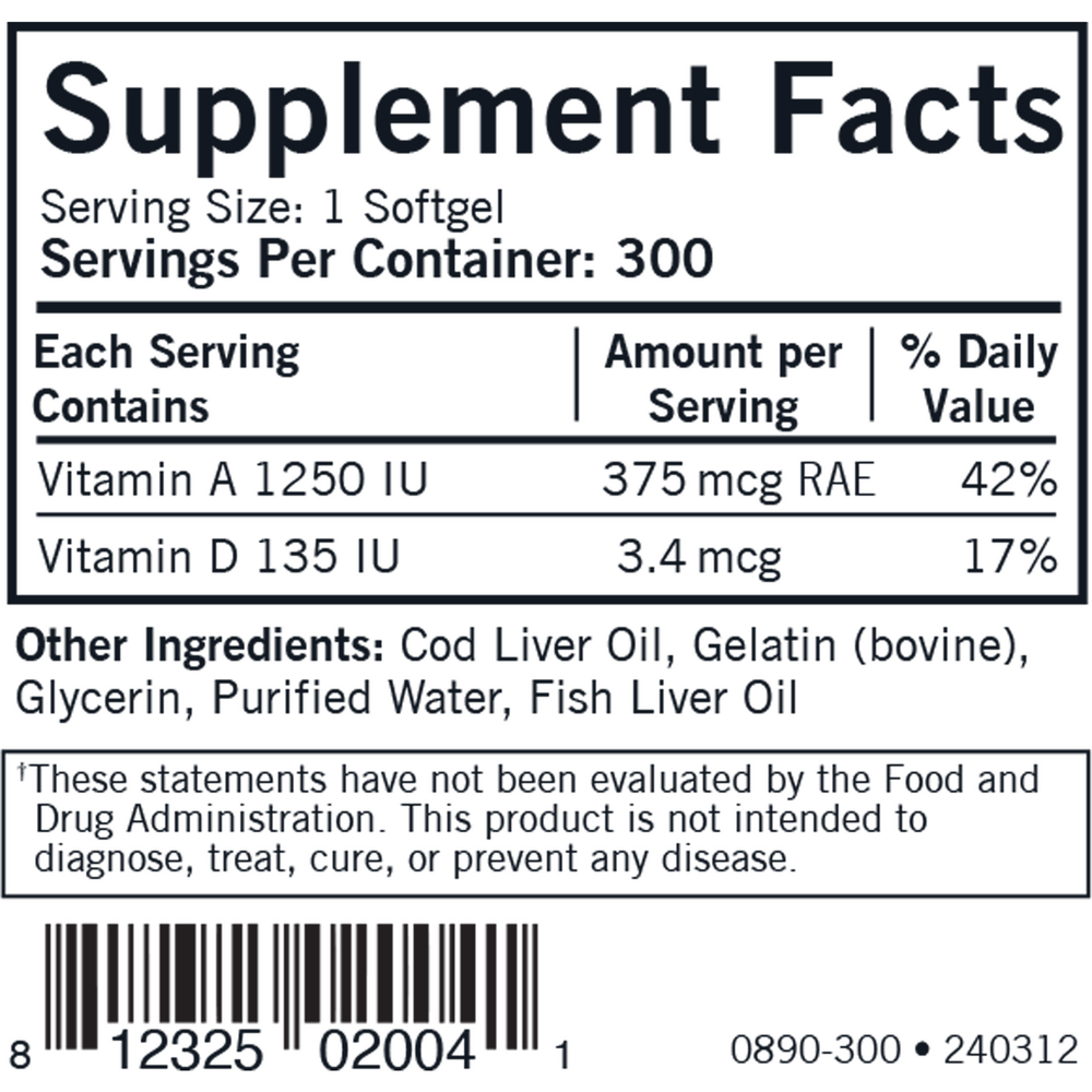 Cod Liver Oil with Vitamins A and D Kirkman Professional